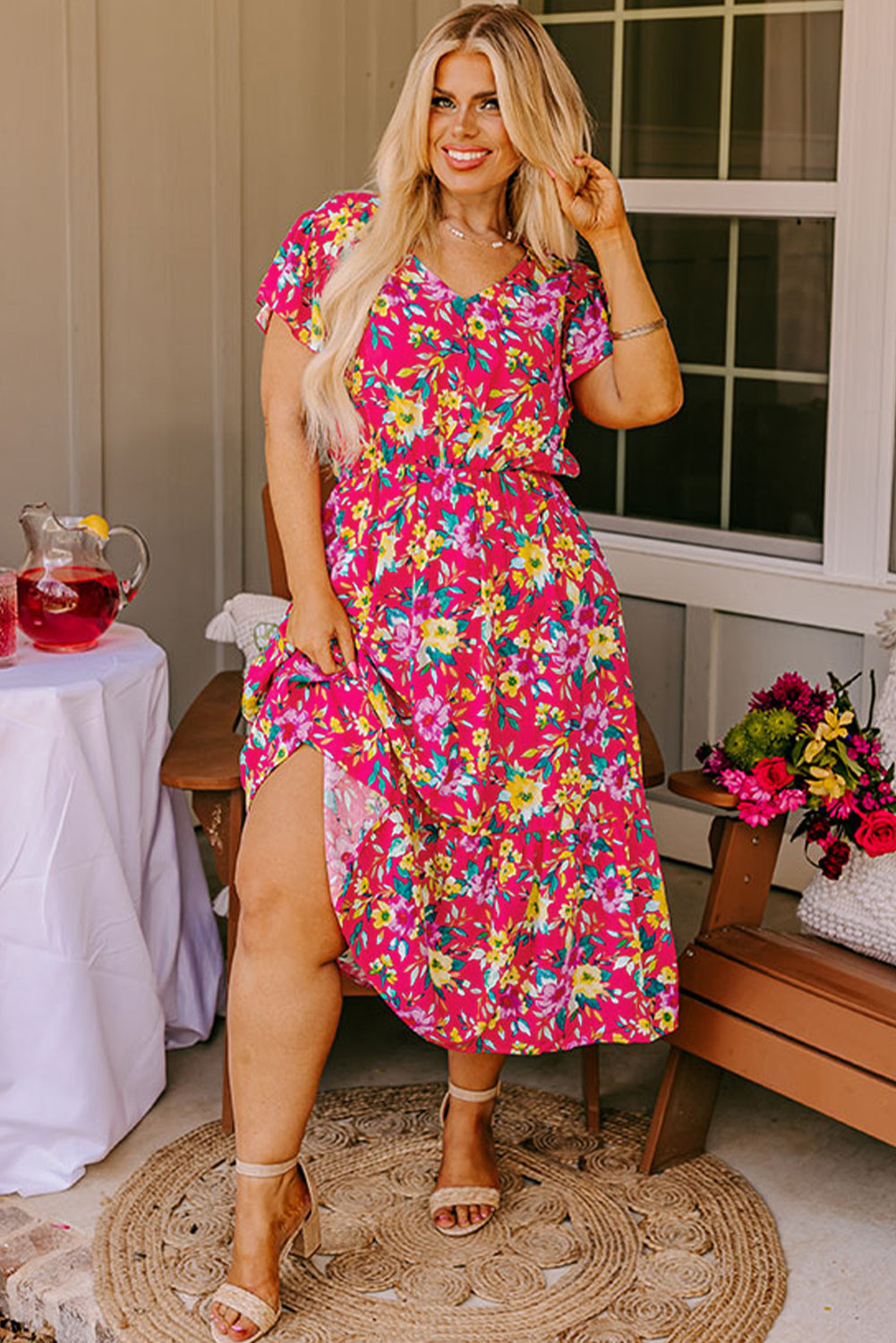 Pink Floral Print V Neck Pocketed High Waist Plus Size Midi Dress