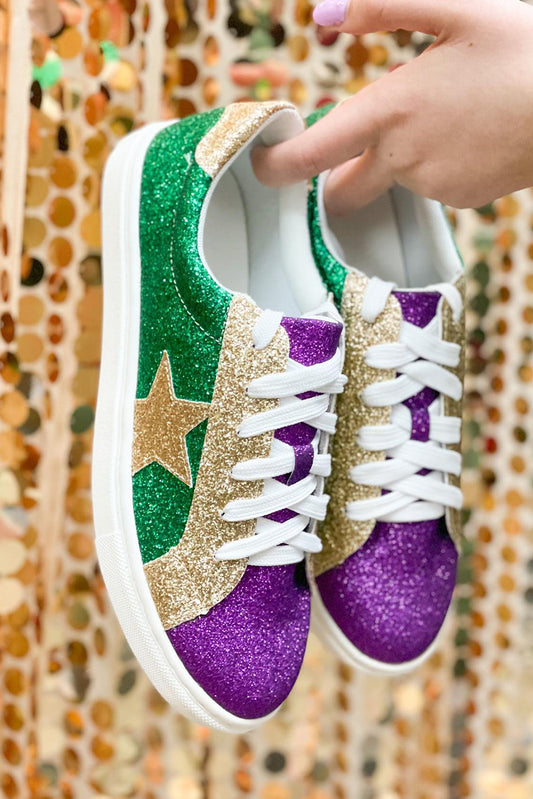 Schwarzgrüne, glitzernde, flache Schnürschuhe in Farbblock-Optik zum Mardi Gras