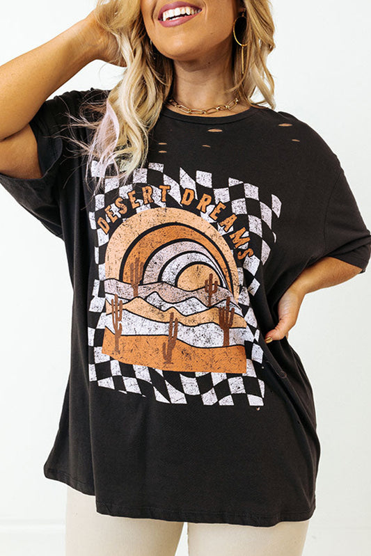 Black Checkered DESERT DREAMS Print Ripped Plus Size Tee