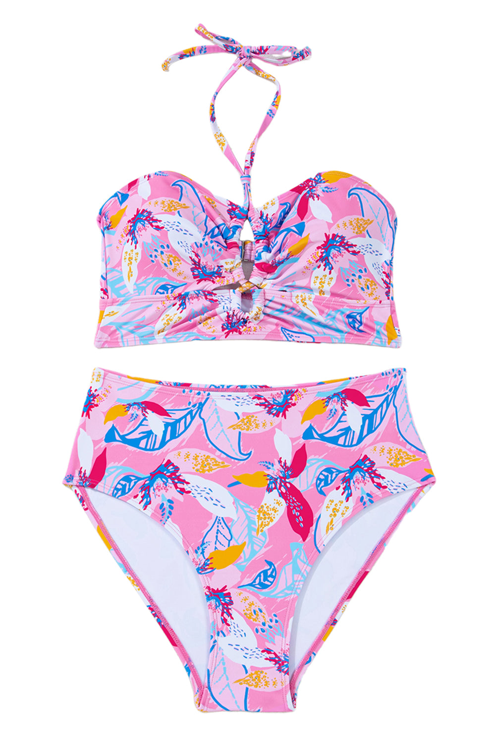 Pink Floral Printed Halter Neck High Waist Bikini