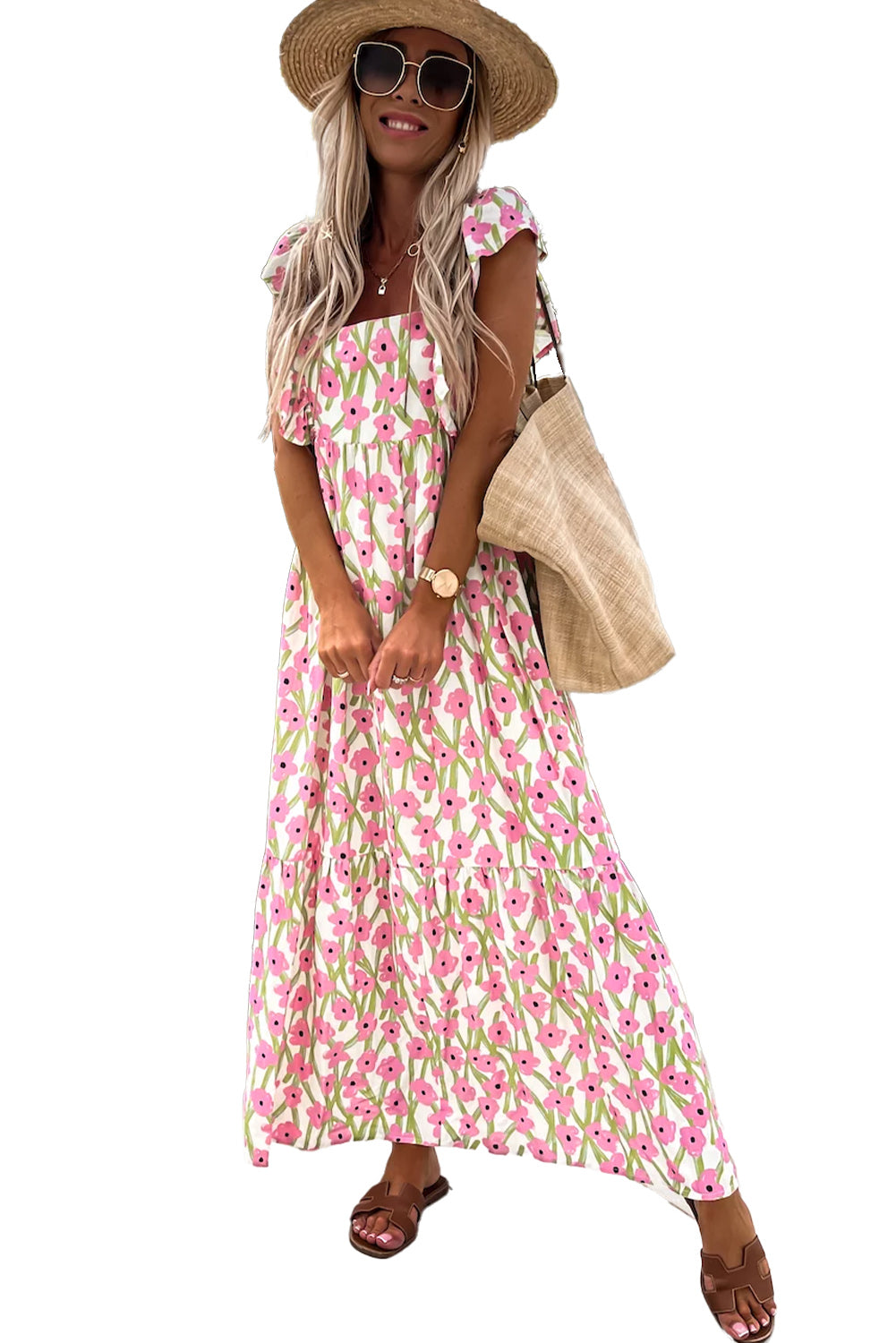 Pink Floral Print Square Neck Ruffled Strap Maxi Dress