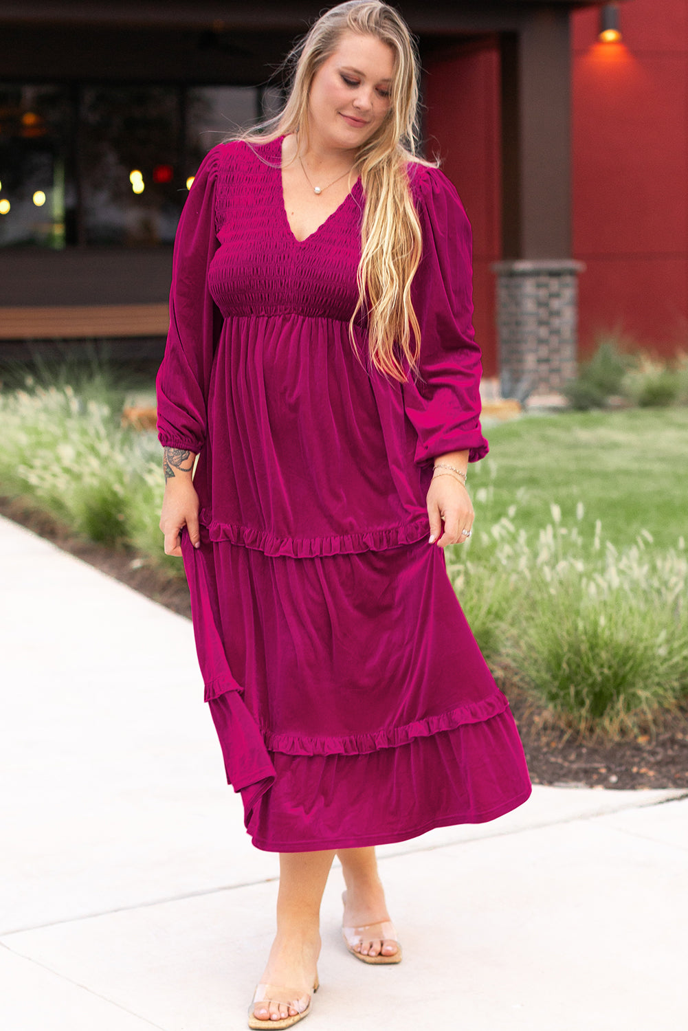 Elegant Rose Red Plus Size Velvet Maxi Dress with Smocked V Neck and Tiered Ruffles