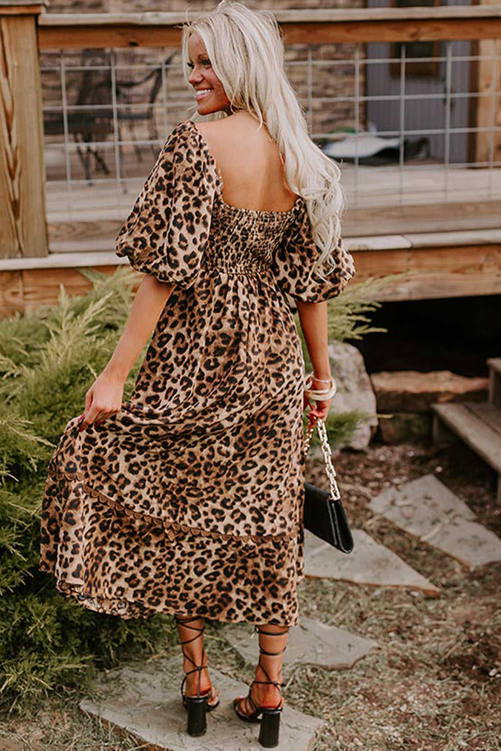 Leopard Print Maxi Dress with Puff Sleeves and Ricrac Detail