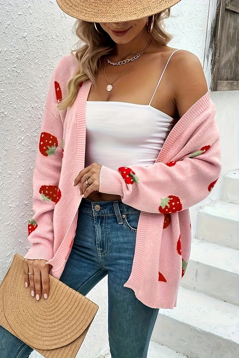 Strawberry Print Knit Cardigan in Pink for Casual Chic