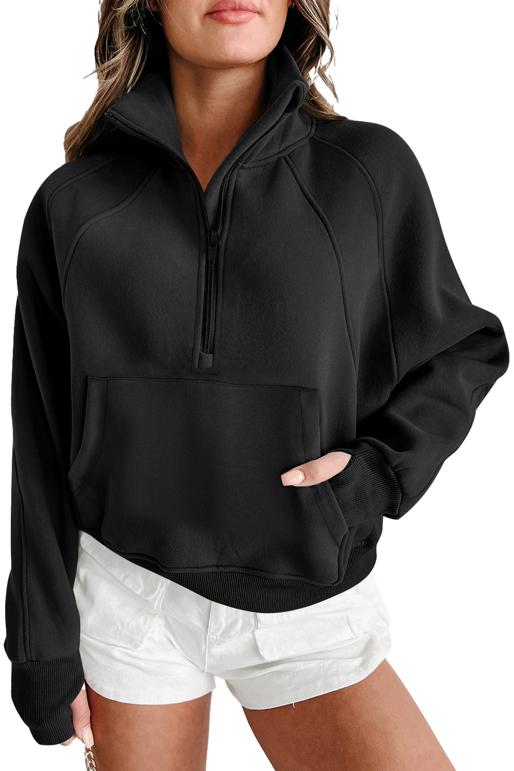 Smoke Green Zip Up Stand Collar Ribbed Thumbhole Sleeve Sweatshirt