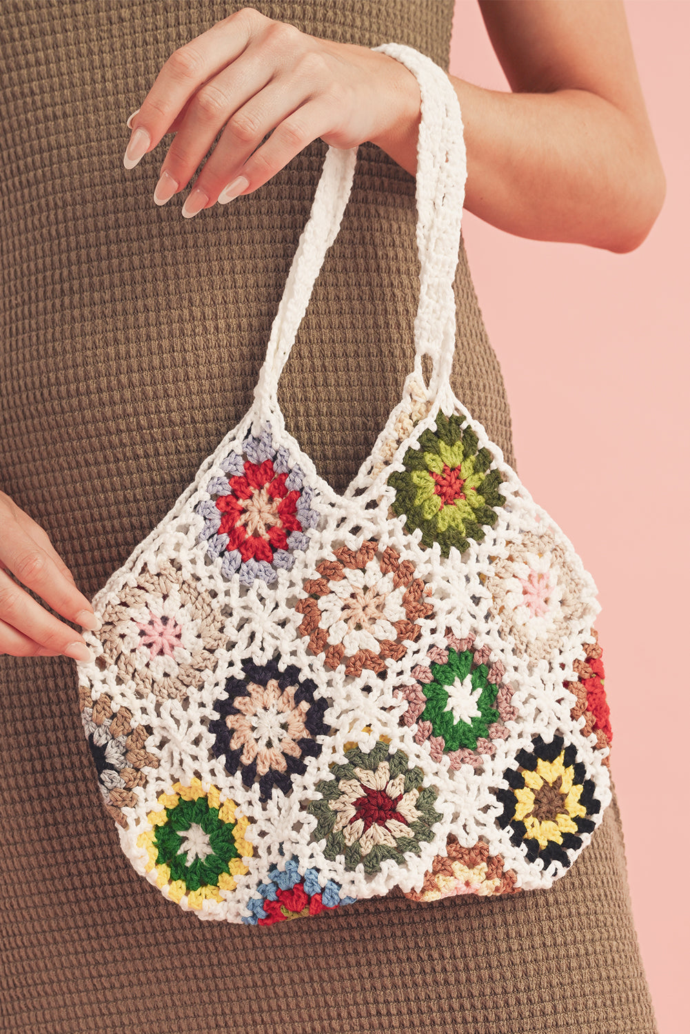 Sac fourre-tout blanc rétro au crochet floral blanc