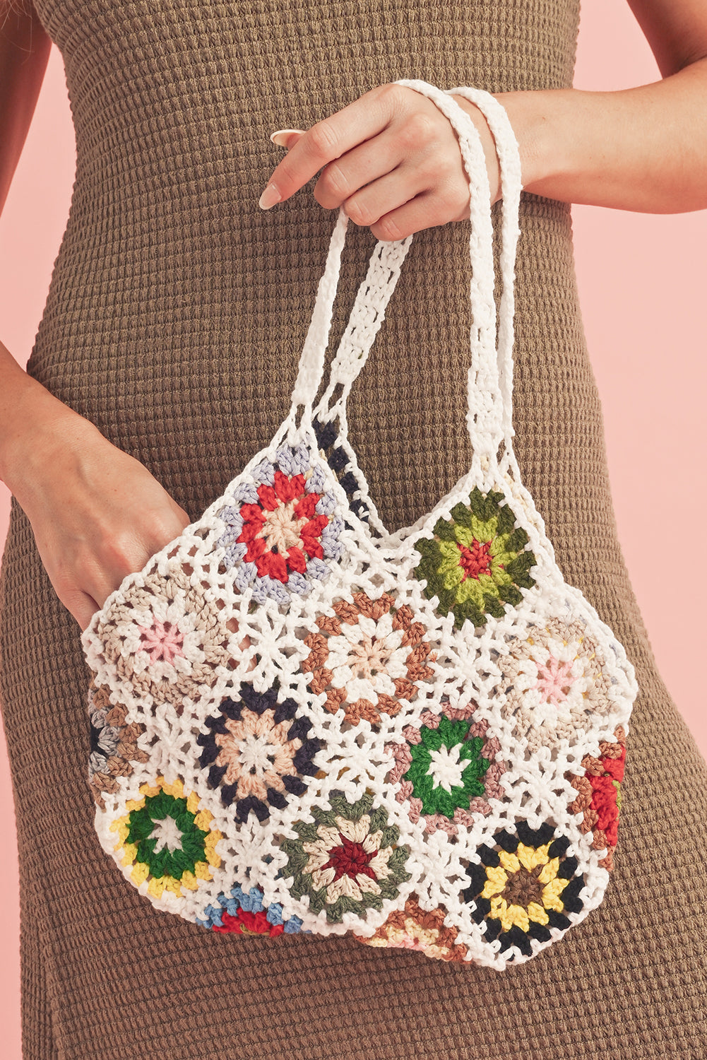 Sac fourre-tout blanc rétro au crochet floral blanc