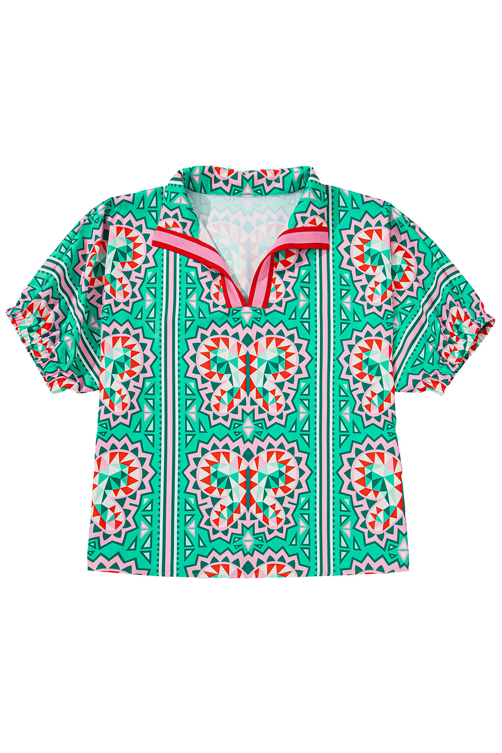 Seegrüne Boho-Bluse mit Schlitzkragen und geometrischem Muster