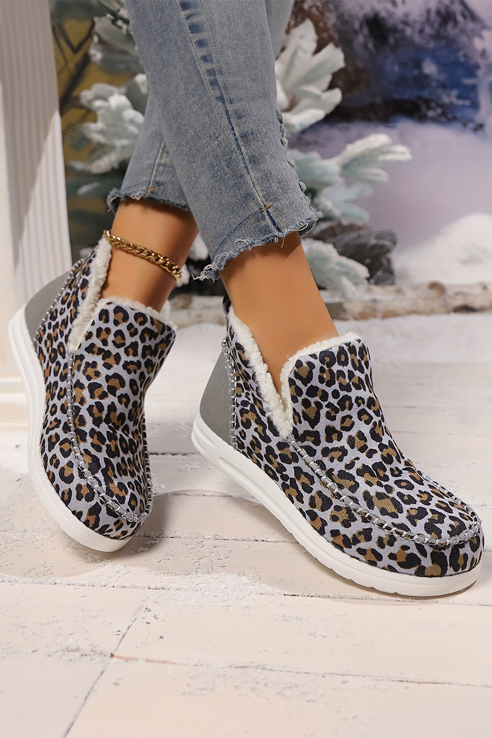 Botas de nieve de invierno forradas con estampado de leopardo gris oscuro