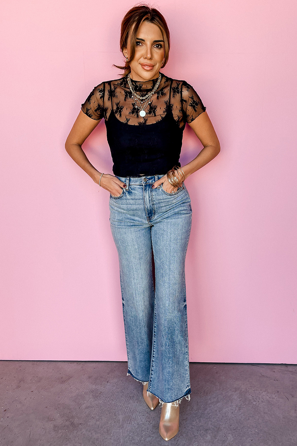 Sheer Black Floral Mesh Blouse with Short Sleeves