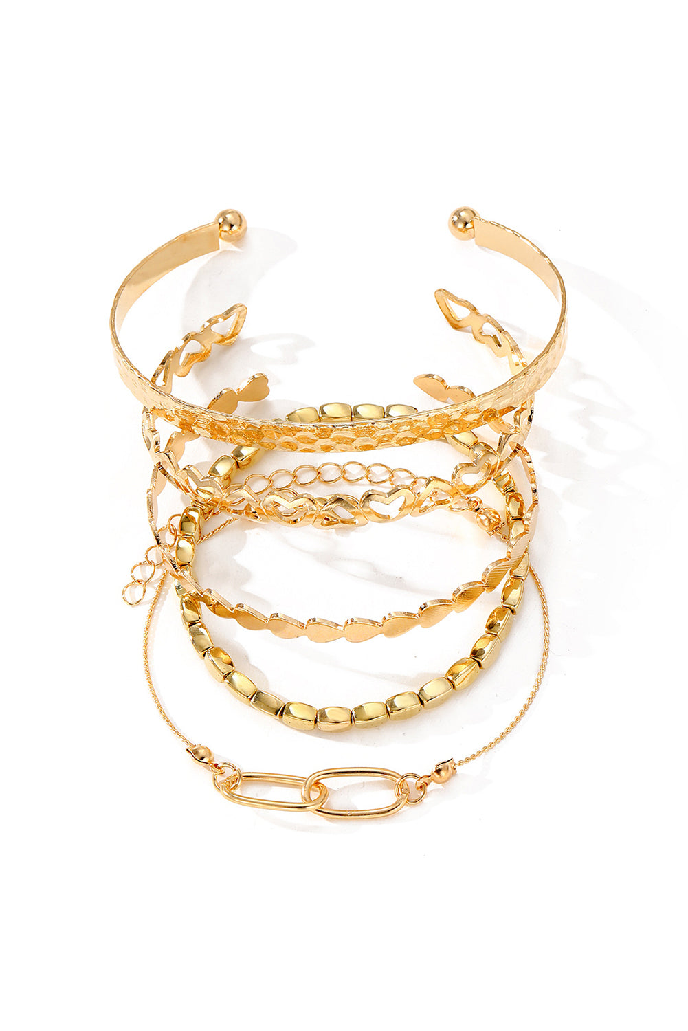 Gold Heart Plated Multi Layer Open Cuff Bracelet Set for Women