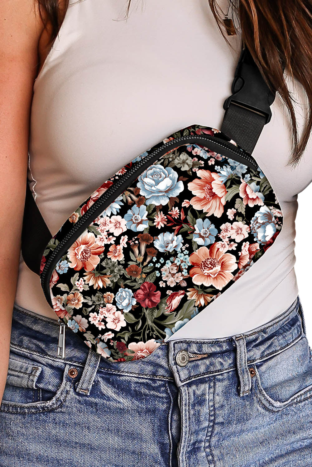 Bolsa de cuerpo cruzado de cremallera floral negra