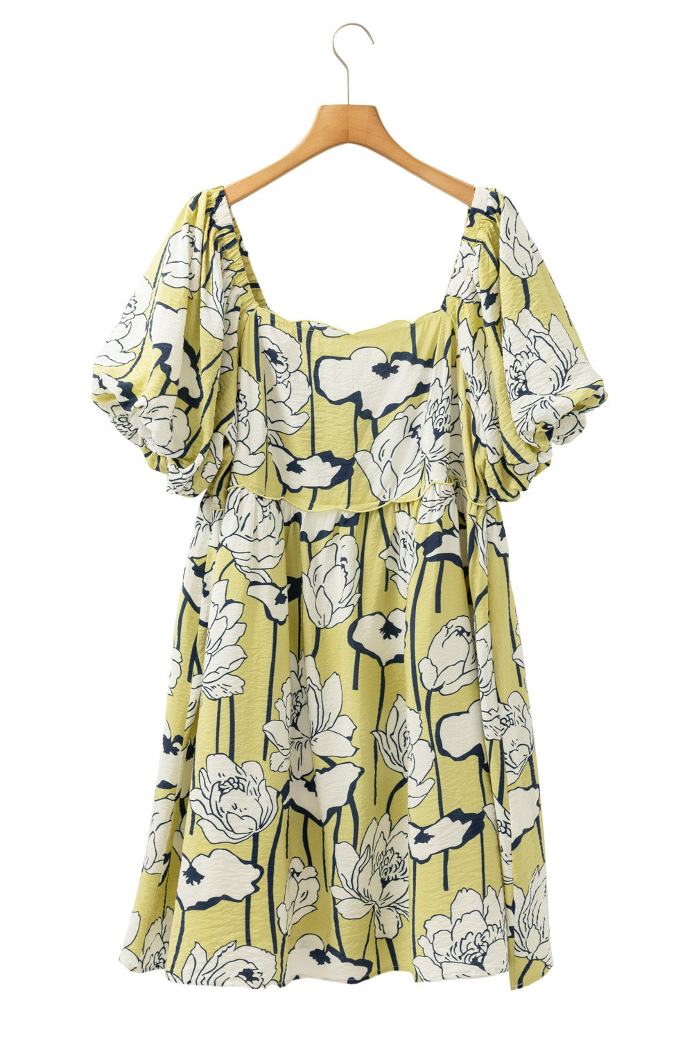 Green Plus Size Floral Print Shirred Square Neck Dress