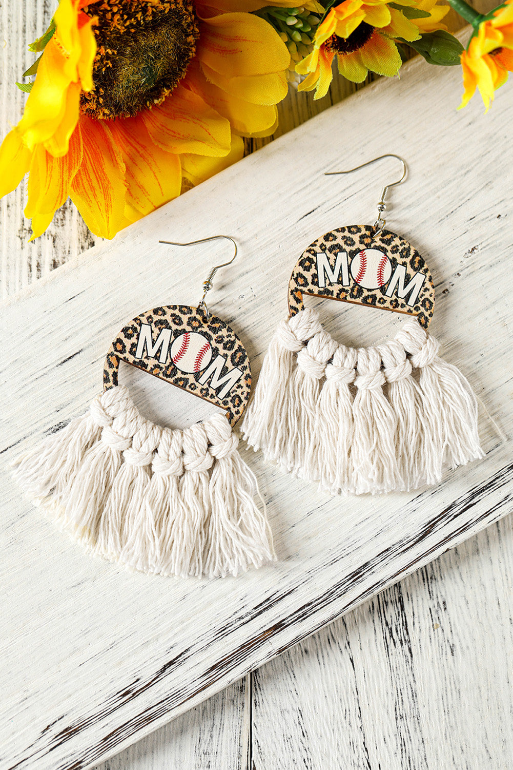 White Leopard Rugby MOM Print Fringed Hook Earrings Trendy