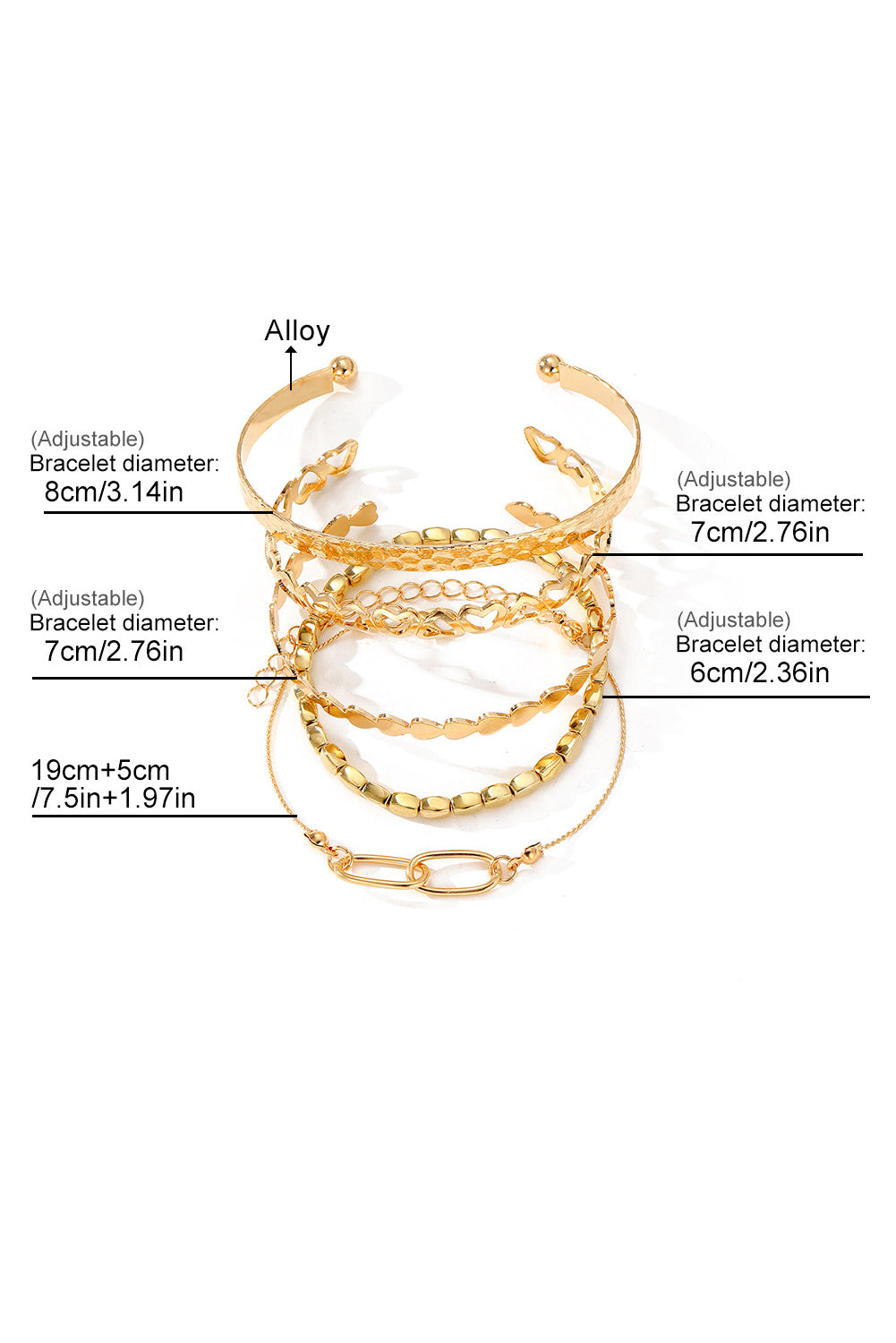 Bracelet manchette à manchette multicouche plaqué Gold Heart Set pour les femmes