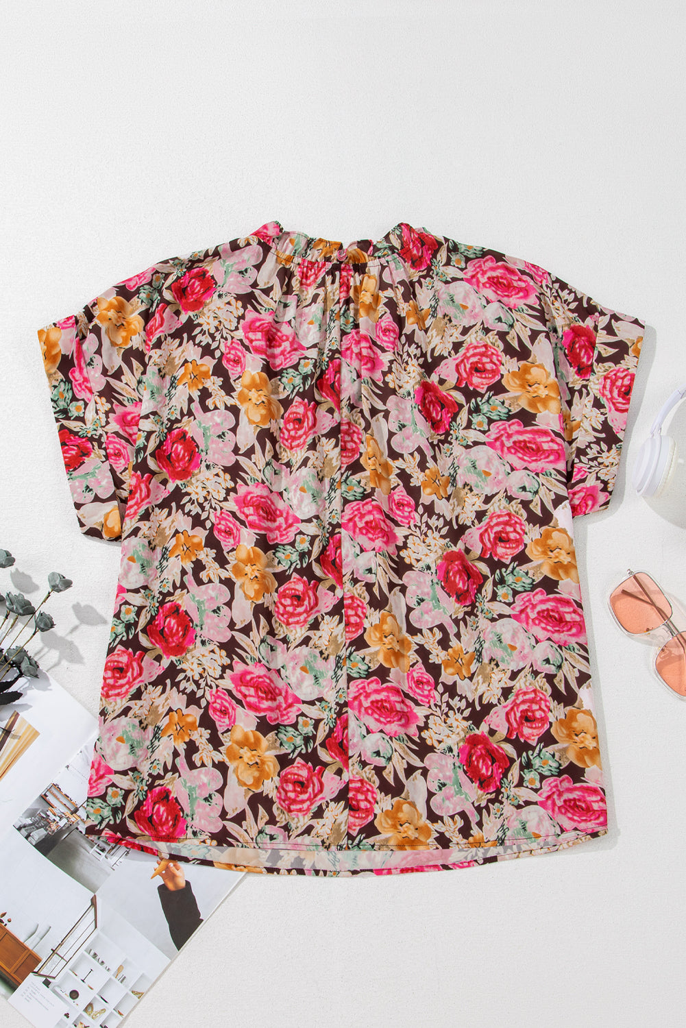 Rosa, kurzärmlige Boho-Bluse mit Blumenmuster