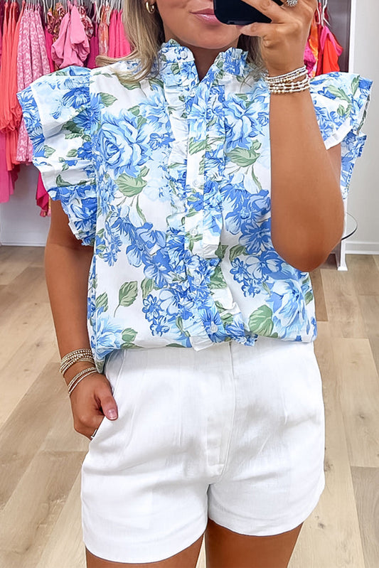 Sky Blue Floral Print Ruffle Sleeve Frill Shirt