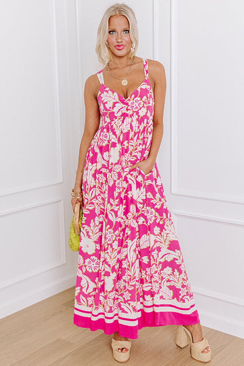 Floral V-Neck Backless Maxi Dress with Crisscross Design