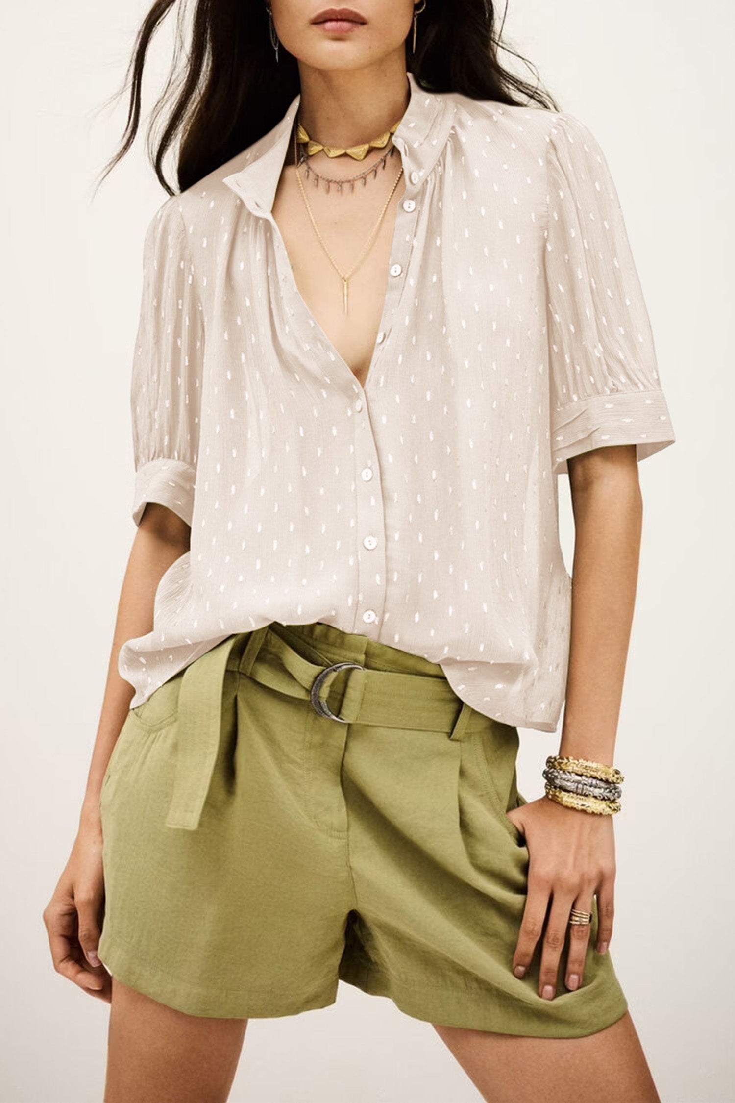 Beige Metallic Jacquard Short Sleeve Shirt