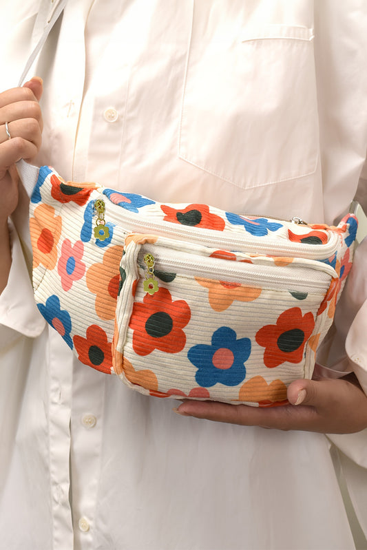 Khaki Colorful Flower Print Ribbed Waist Belt Bag