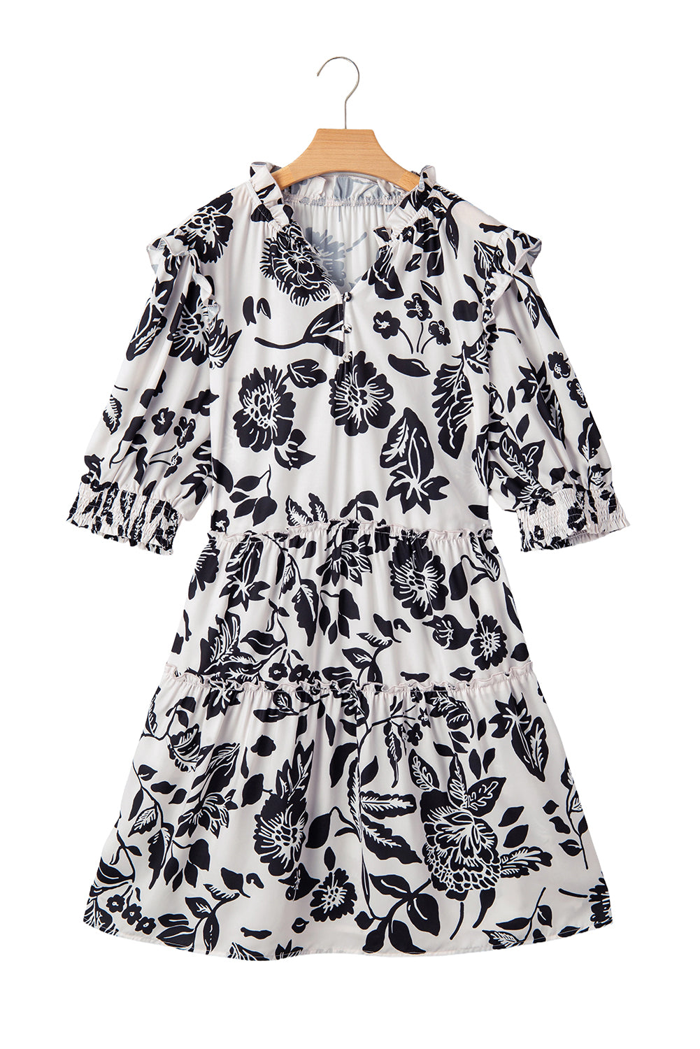 Negro con estampado floral Floral Beck Talled Tiered Mini Vestido