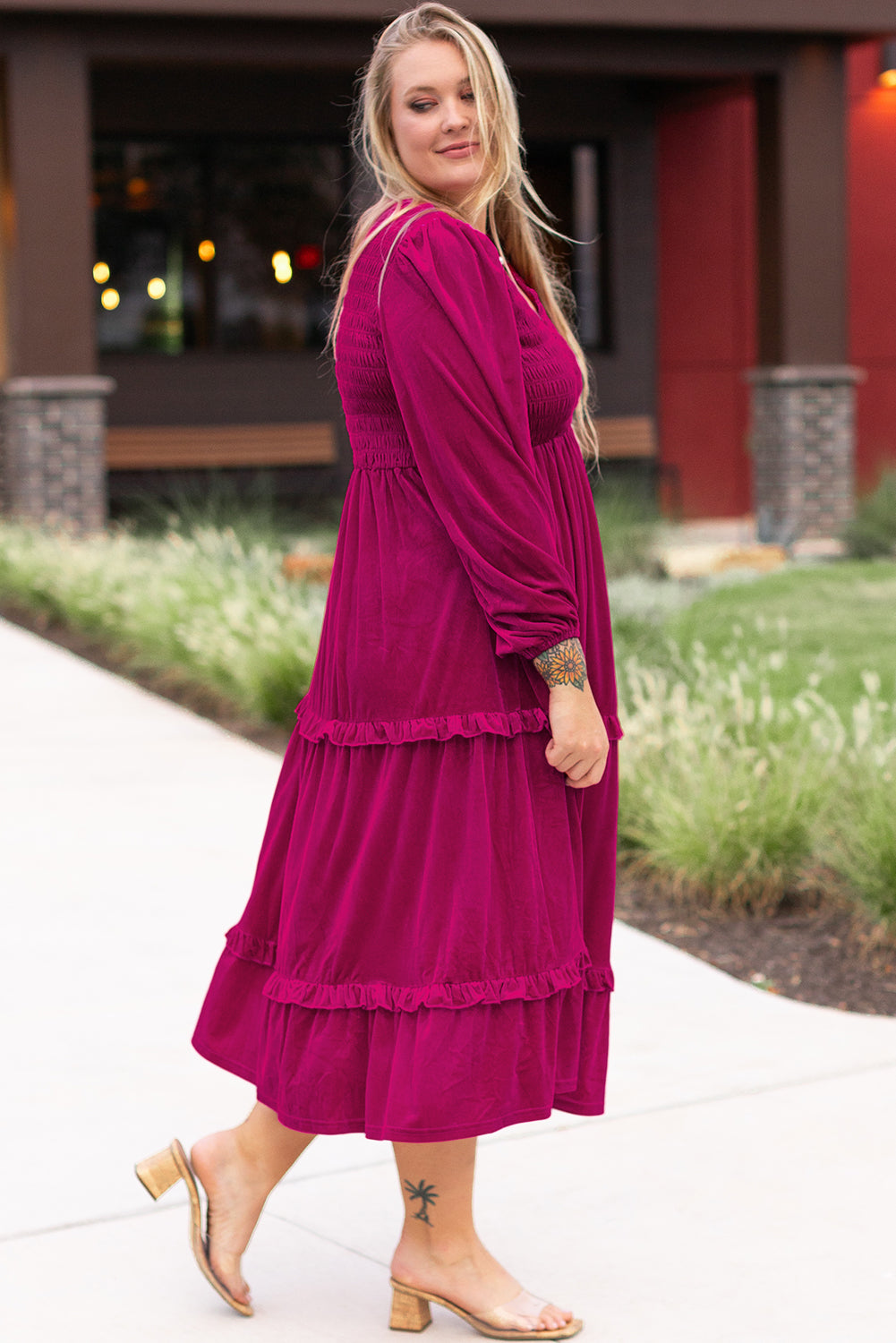 Elegant Rose Red Plus Size Velvet Maxi Dress with Smocked V Neck and Tiered Ruffles