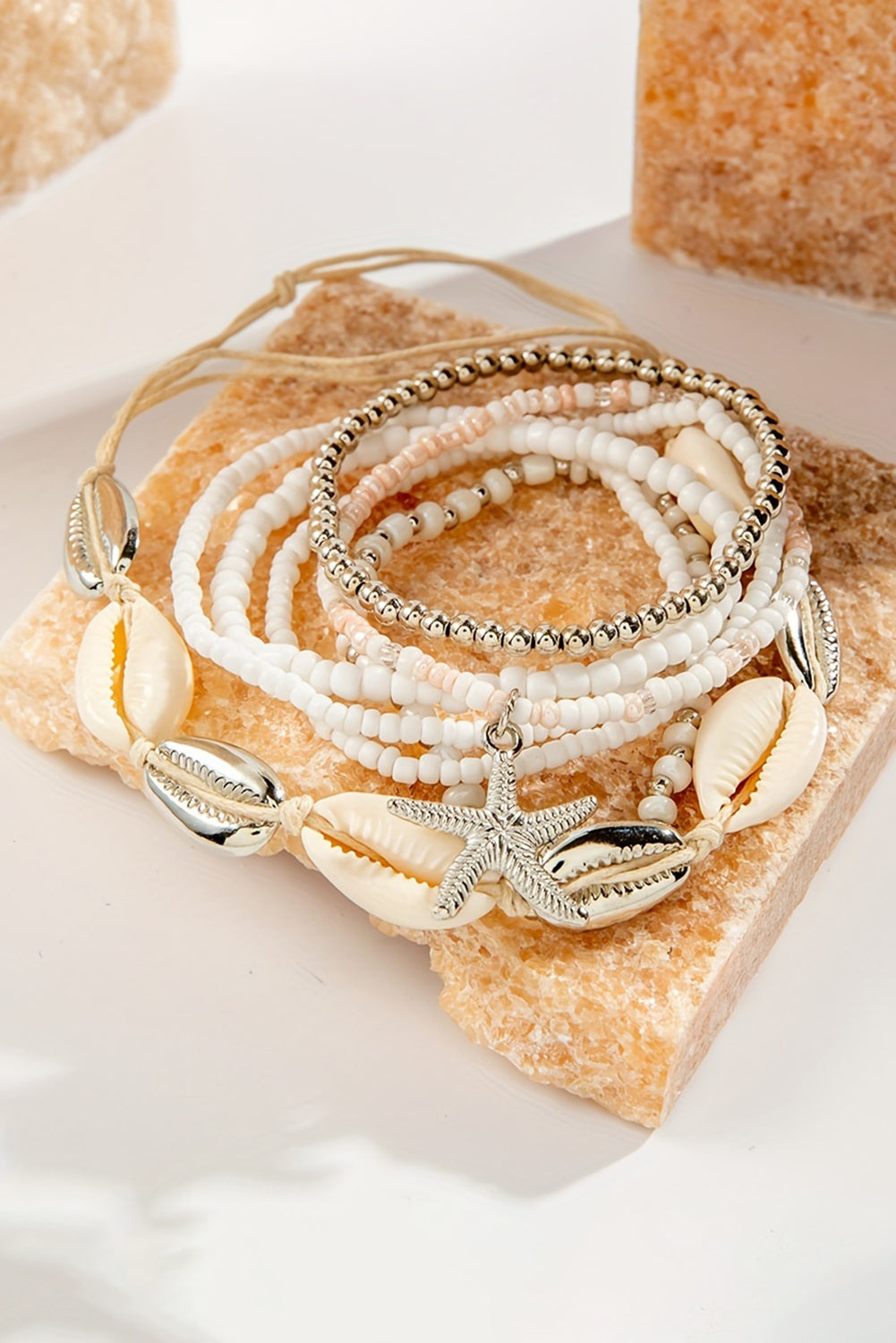 White 7pcs Starfish Seashell Beaded Bracelet Set for Women