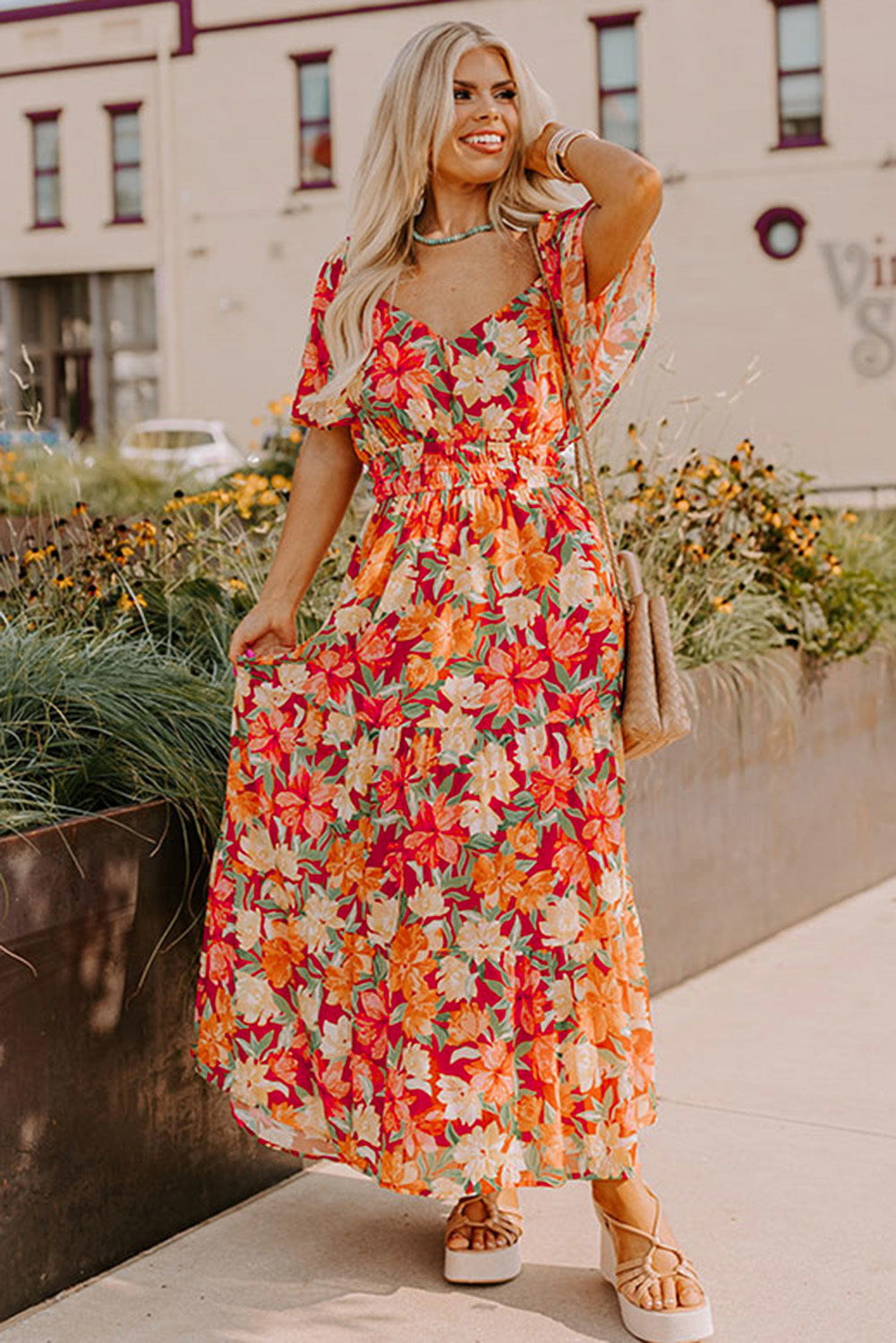 Orange de talla grande Floral V Neck Caded Winist Maxi Vestido