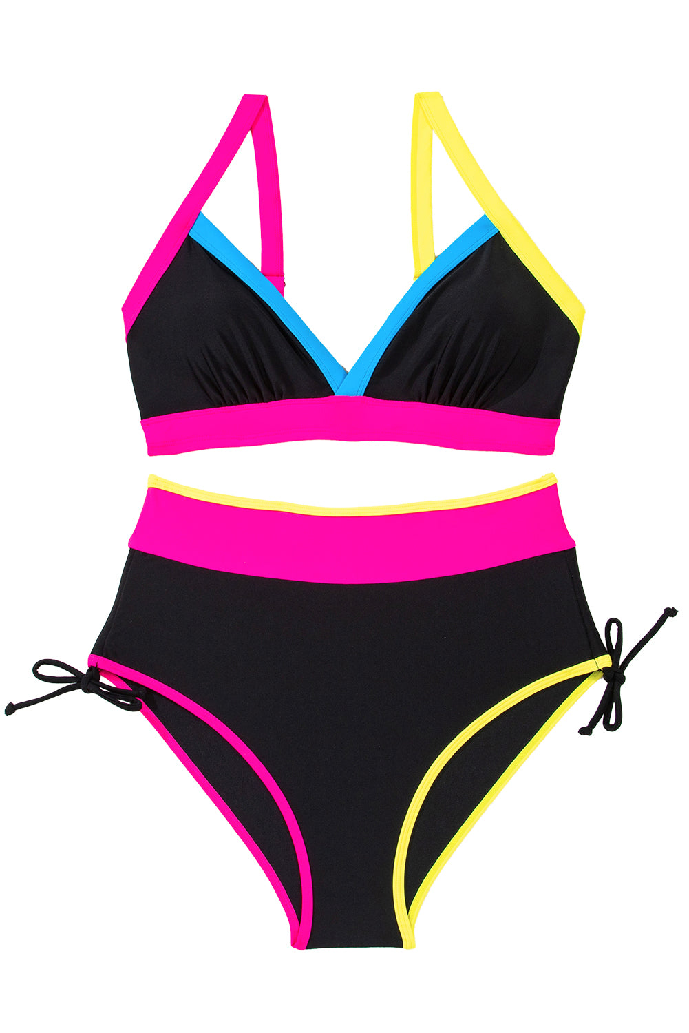 Bloque de color negro Side V Neck Bikini de cintura alta