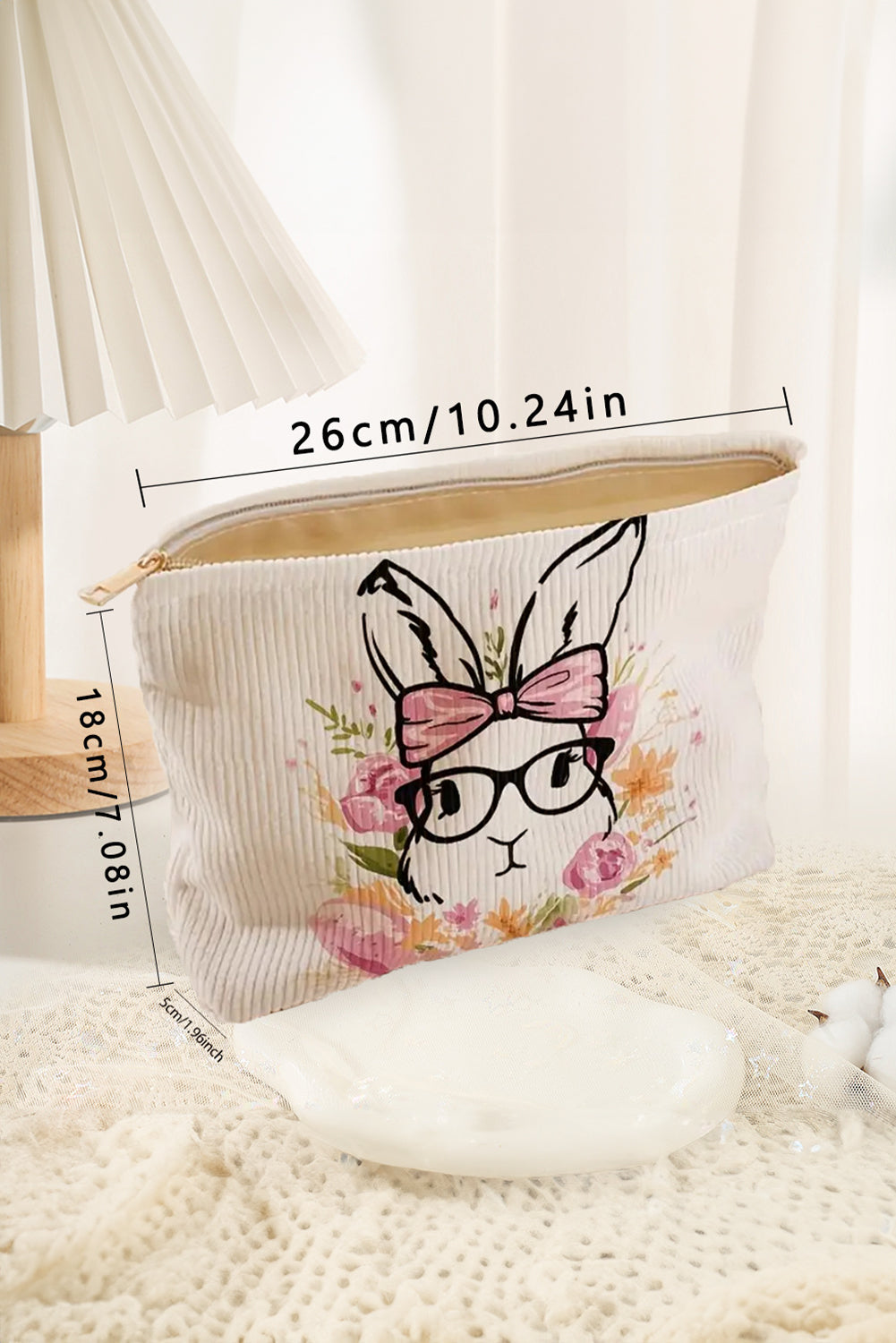 White Easter Bunny Graphic Corduroy Makeup Bag