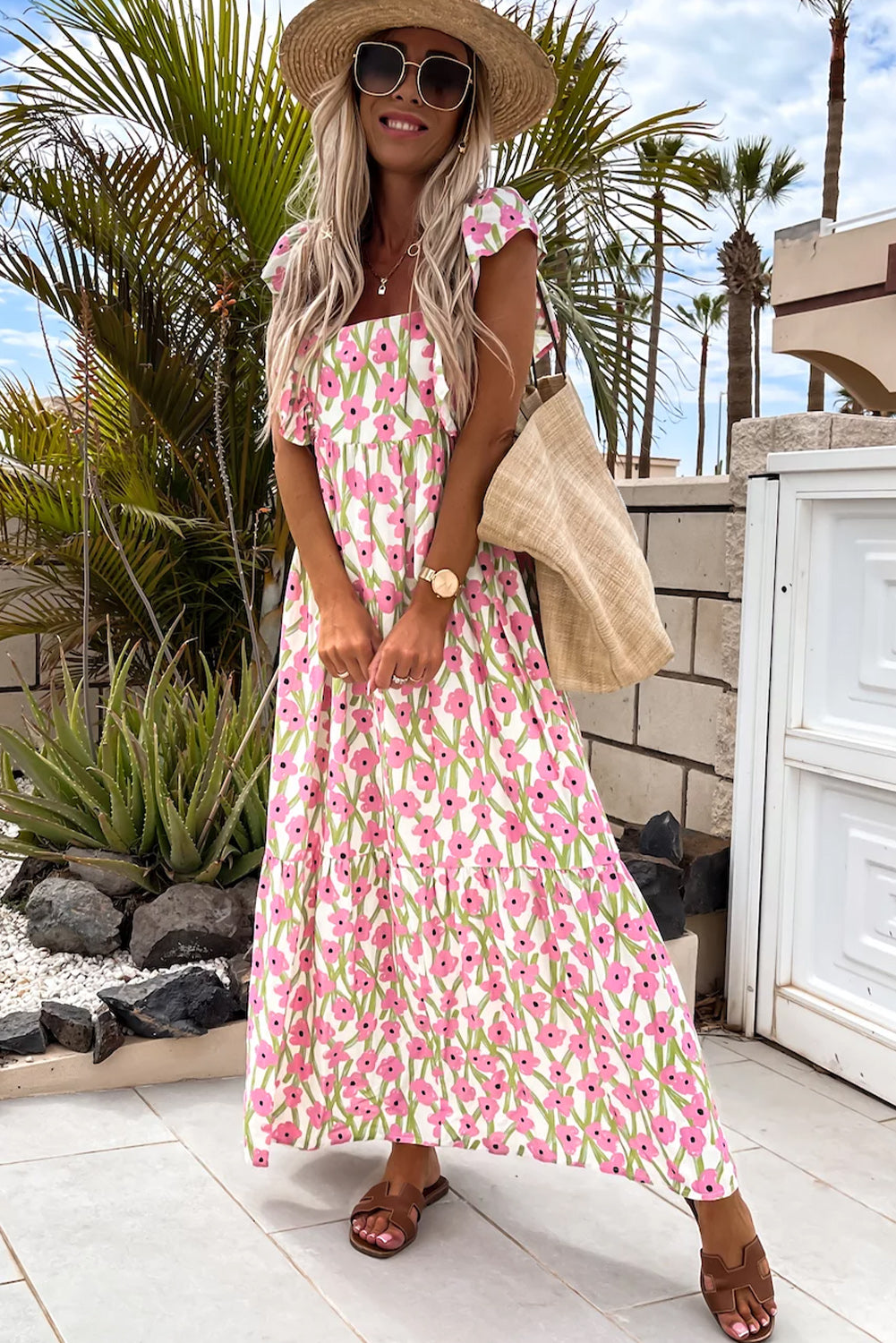 Robe maxi à collier carré à imprimé floral rose robe maxi