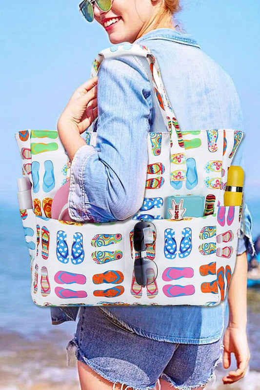 Strandtasche aus Canvas mit Slipper-Print in Weiß