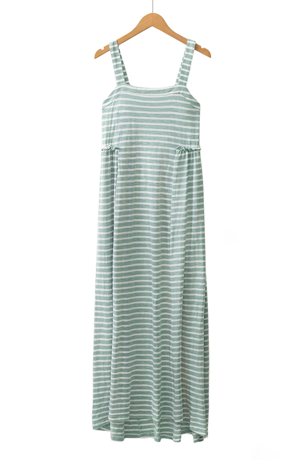 Stripe verde Shirred Camada de cintura con la cintura alta Fit Fit Maxi Vestido