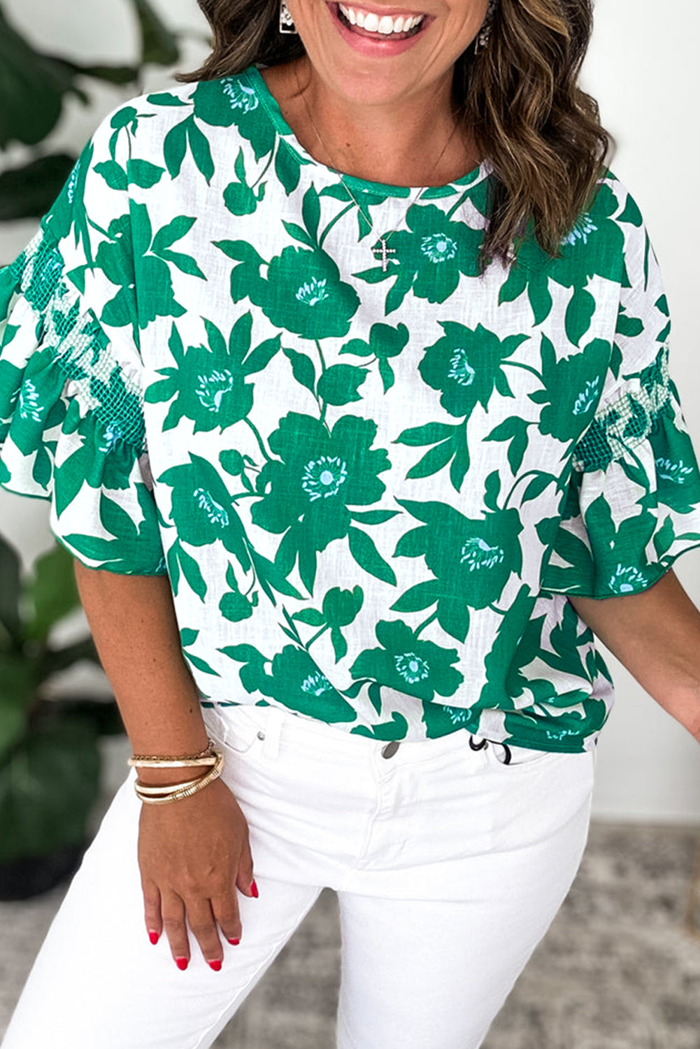 Green Floral Print Ruffle Short Sleeve Loose Blouse