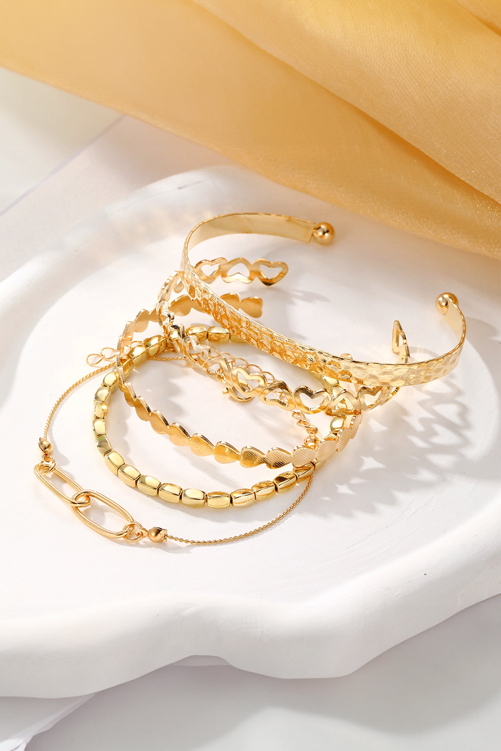 Gold Heart Plated Multi Layer Open Cuff Bracelet Set for Women