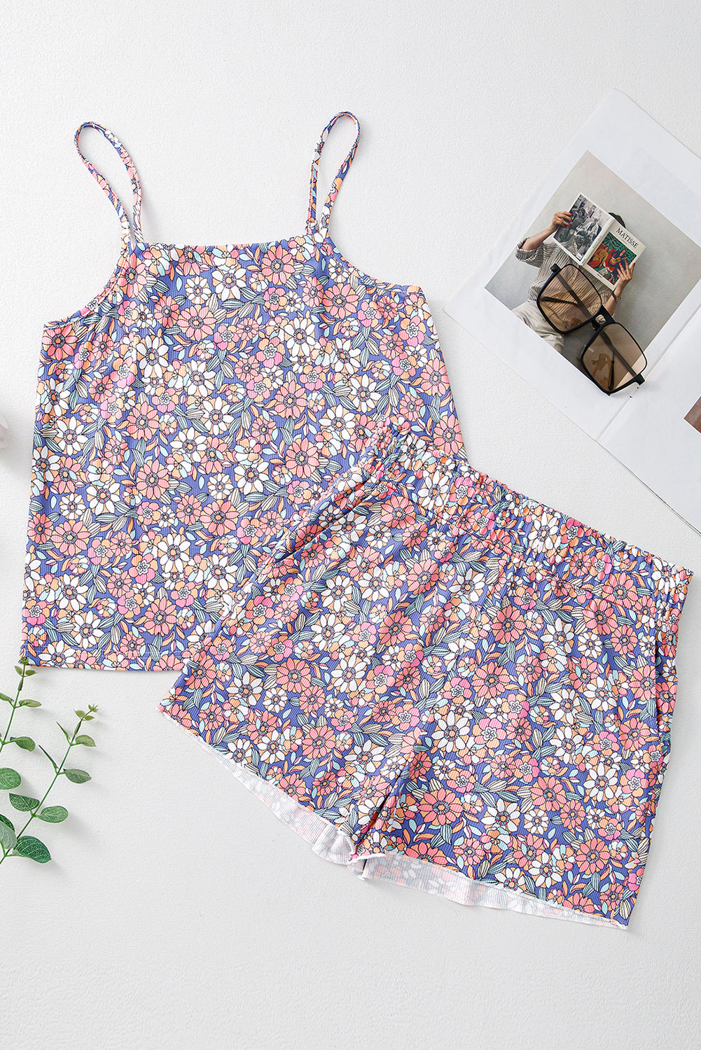 Azure Blossom Print Camisole and Shorts Ensemble