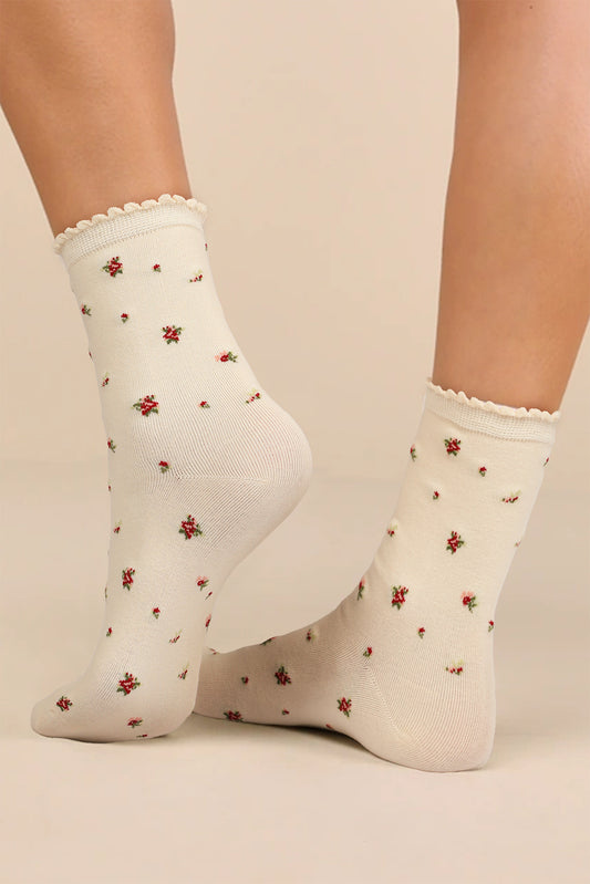 Weiße Baumwoll-Crew-Socken mit Blumenmuster für stilvollen Komfort