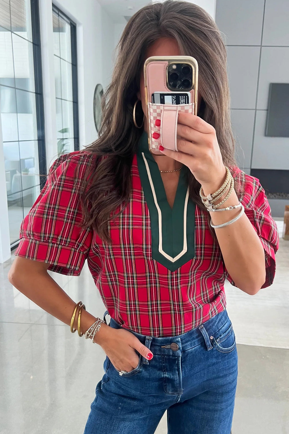 Red Plaid Print Contrast Trim V Neck Short Sleeve Blouse