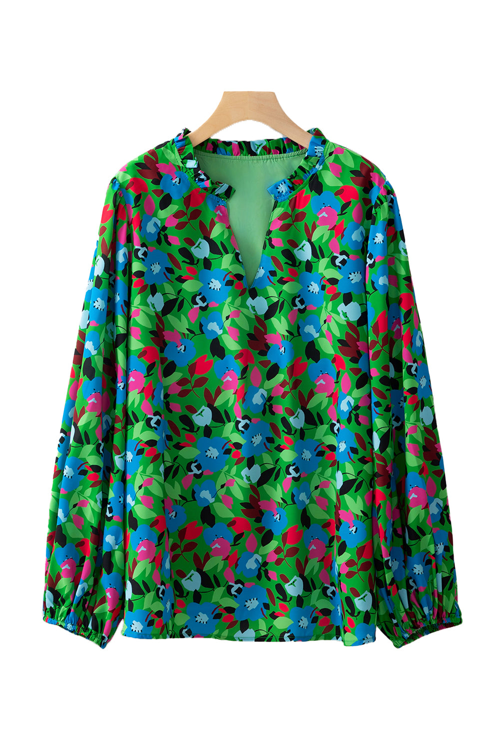 Green plus taille florale à manches bouffantes V Blouse de cou