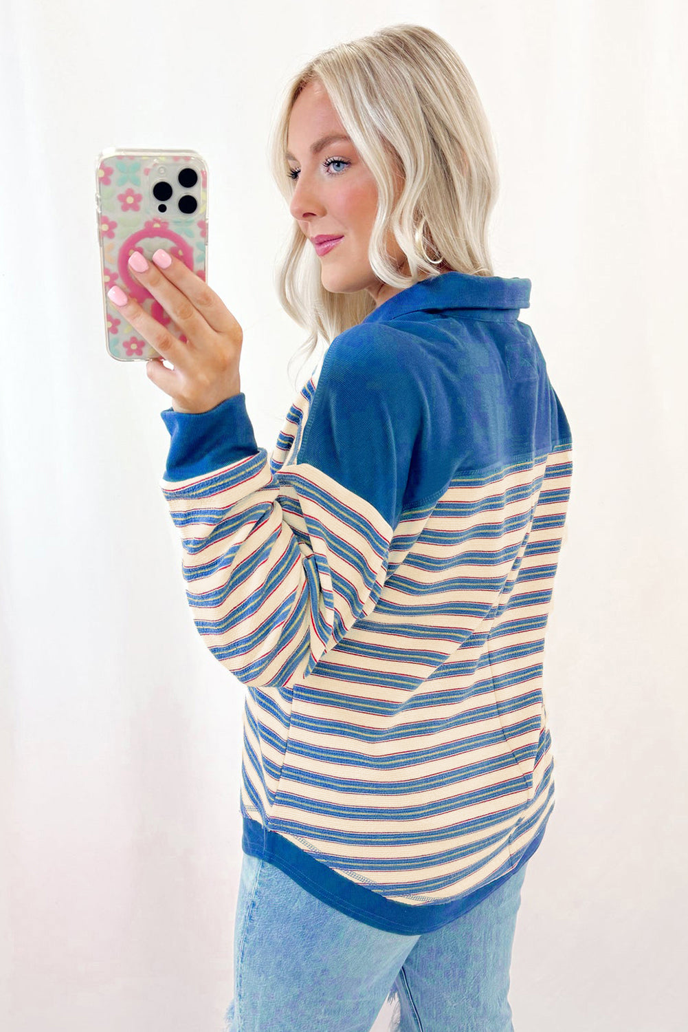 Pink Stripe Collared V Neck Drop Shoulder Top