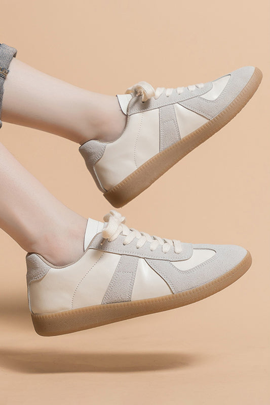 Beige PU Leather Suede Patchwork Flat Sneakers - MAD RUFFI