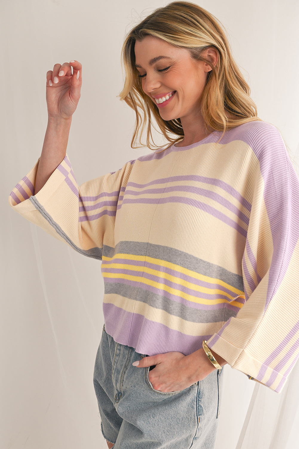 Purple Striped Rib-Knit Cropped Top