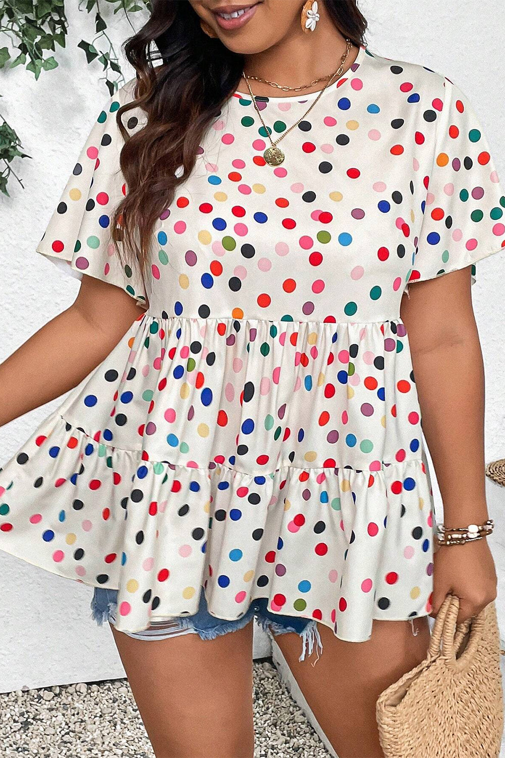 Beige Colorful Polka Dot Print Ruffle Plus Size Babydoll Blouse