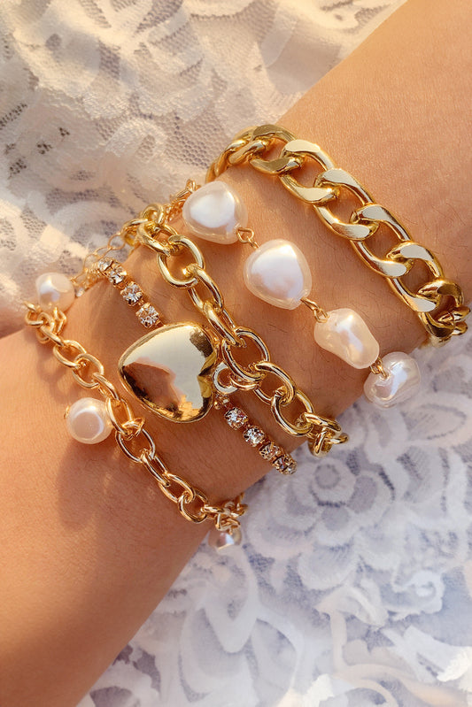 Gold 5Pcs Pearl Heart Diamond Bracelet Set for Elegance