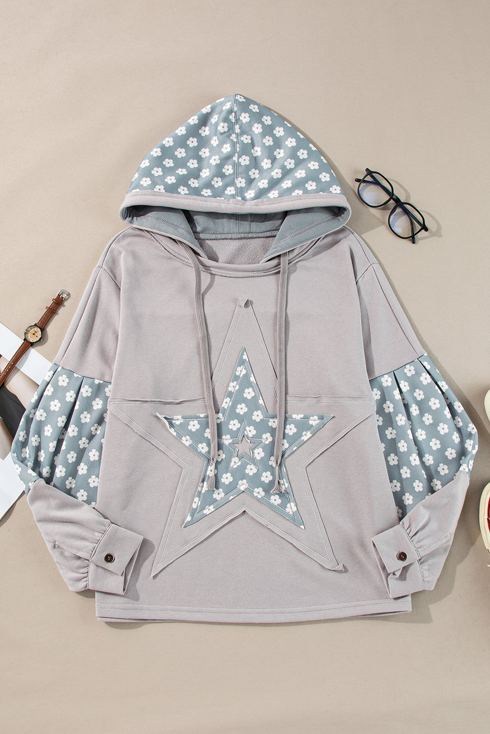 Delicacy Floral Patchwork Star Pattern Drawstring Hoodie