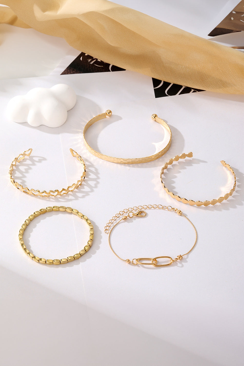 Gold Heart Plated Multi Layer Open Cuff Bracelet Set for Women