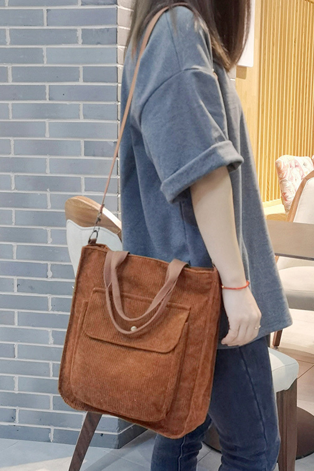 Chestnut Detachable Shoulder Strap Versatile Corduroy Tote Bag