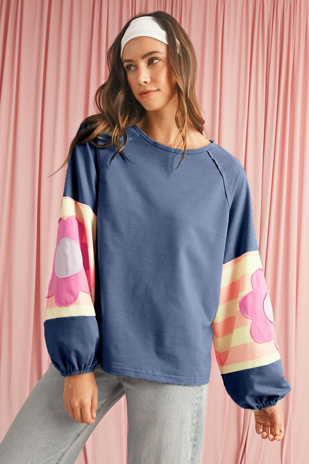 Sail Blue Flower Patchwork Exposed Seam Raglan Sleeve Top