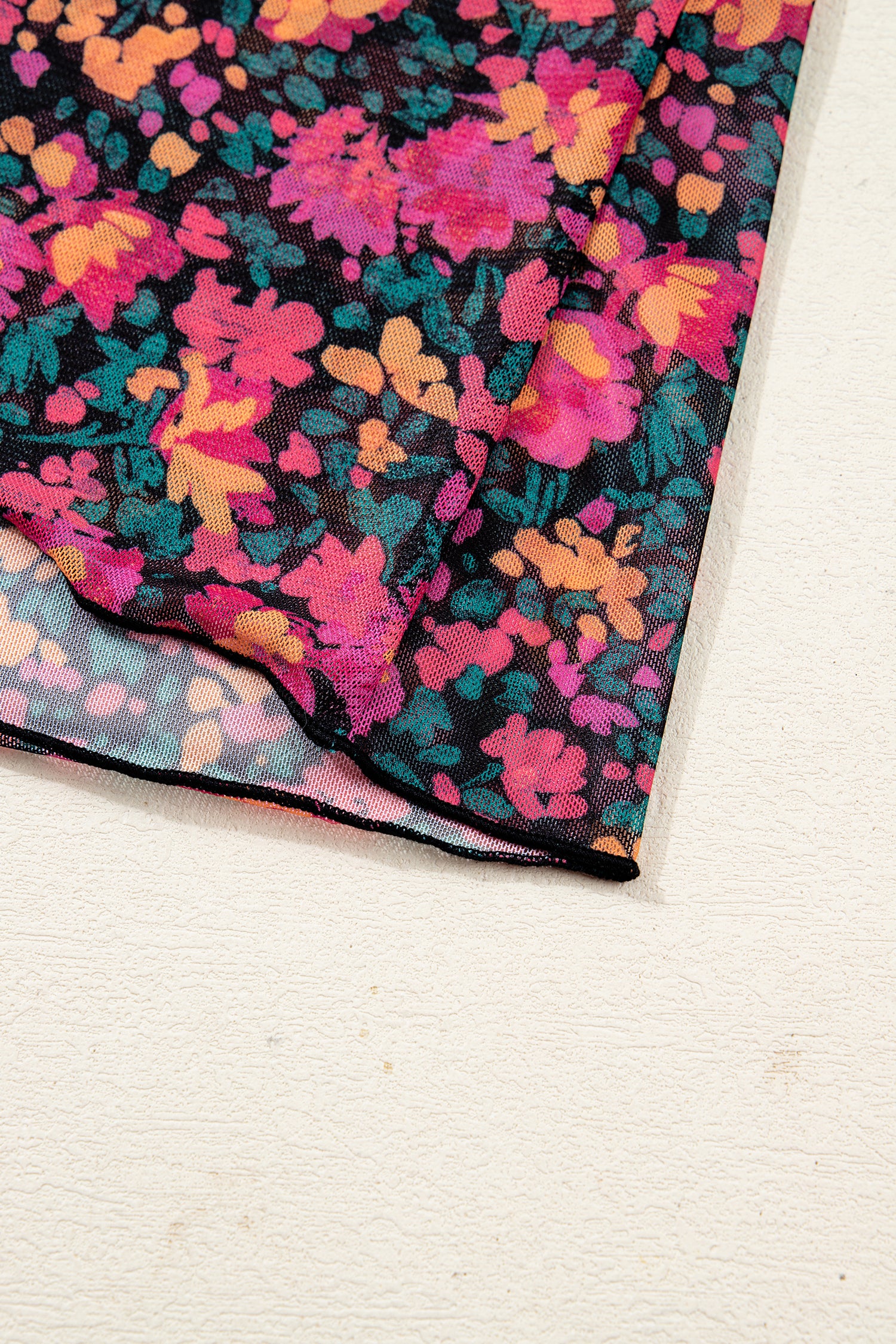 Rose Slim Fit Floral Mesh Long Sleeve Mock Neck Top