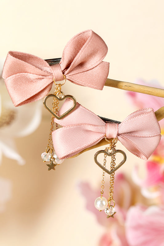 Pink Cute Heart Beaded Charm Bow Hair Clip for Girls